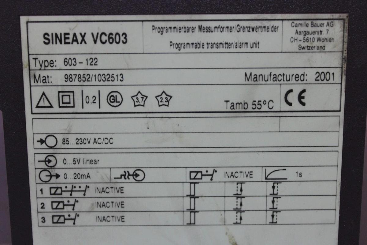Used (1) SINEAX PROGRAMMABLE TRANSMITTER ALARM VC603 603-122 230 VOLT 20 mA