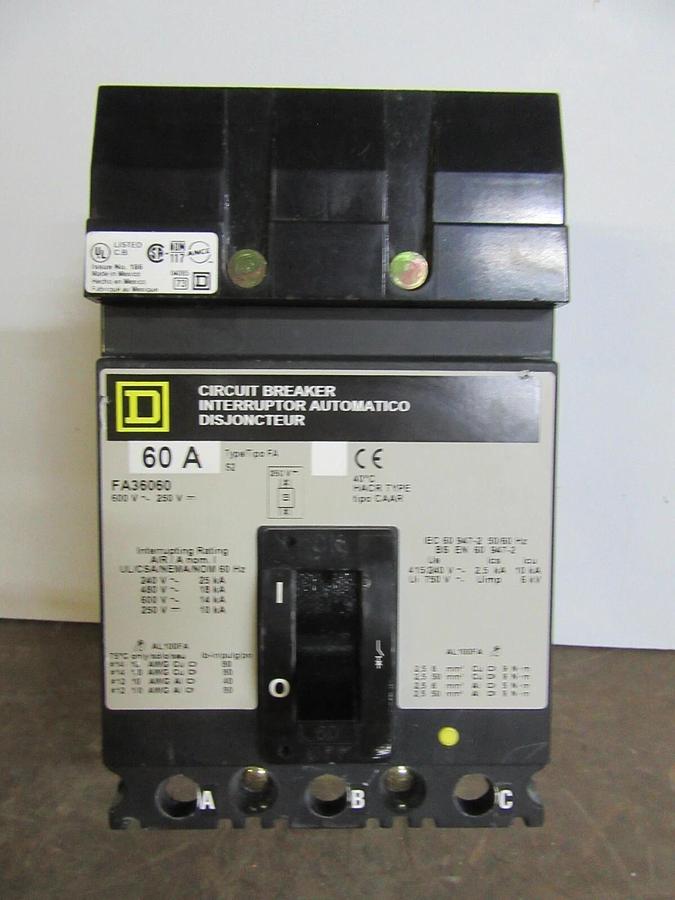 SQUARE D I-LINE BREAKER FA36060 3-POLE 60 AMP 600 VAC W/ LUGS **WARRANTY**