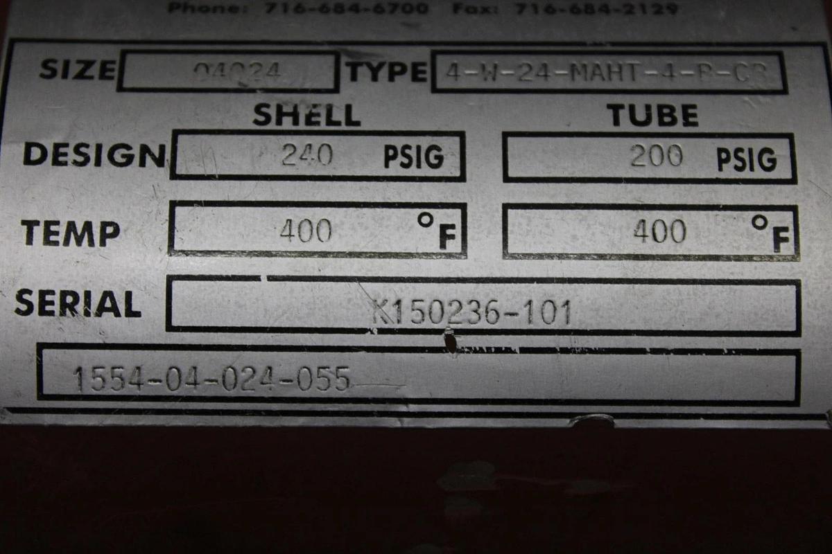 Used API BASCO HEAT EXCHANGER 4-W-24-MAHT-4-P-CP 04024 240 PSIG 400°F 2' X 6"