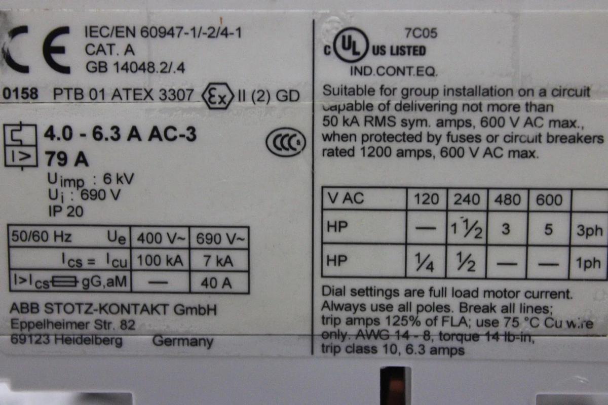 Used ABB MANUAL MOTOR STARTER MS325 GB-14048.2/.4 4-6.3 AMP 5 HP 600 VAC 3-POLE