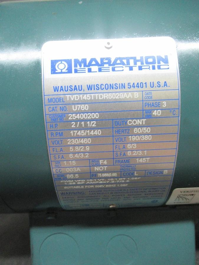Used MARATHON ELECTRIC TVD145TTDR6029AA-B U760 3 PHASE 460 VOLT 1.15 SF 5.8 AMP