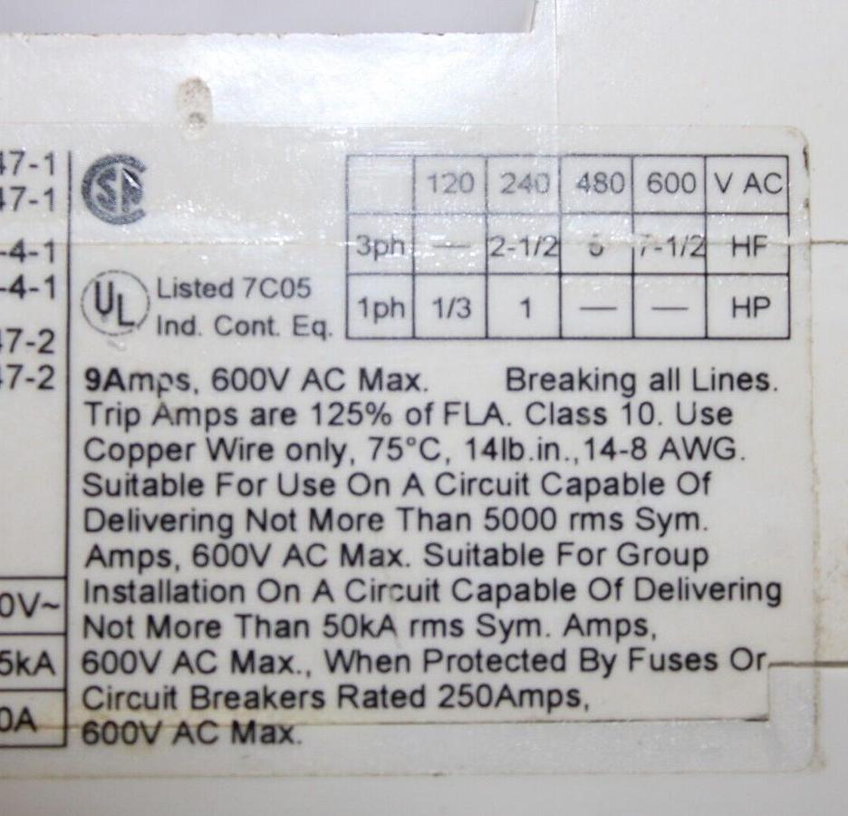 Used ABB MANUAL MOTOR STARTER MS325 6.3-9 AMP 600 VAC 3-PHASE 3-POLE 7.5 HP