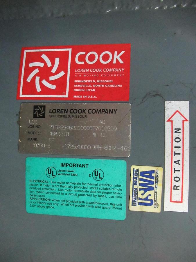 NEW 48" LOREN COOK TUBULAR AXIAL FAN CAST ALUM BLADES 5HP 230 / 460 V 1750 RPM