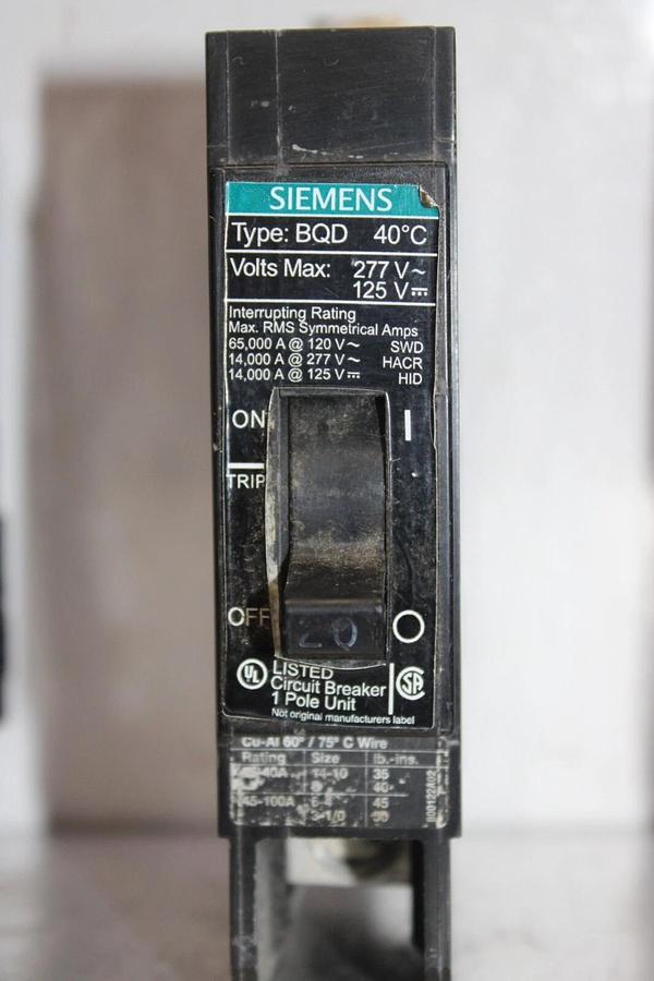 Used LOT OF 3 SIEMENS BQD CIRCUIT BREAKER BQD120 20 AMP SINGLE POLE 277 VAC