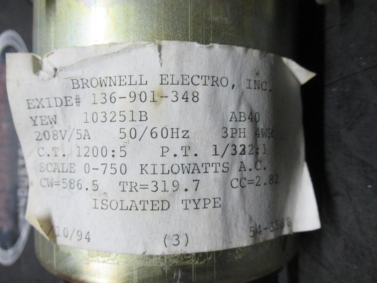 Used YOKOGAWA / BROWNELL ELECTRO AC KILOWATT METER 750 MAX 10325LB / 136-901-348