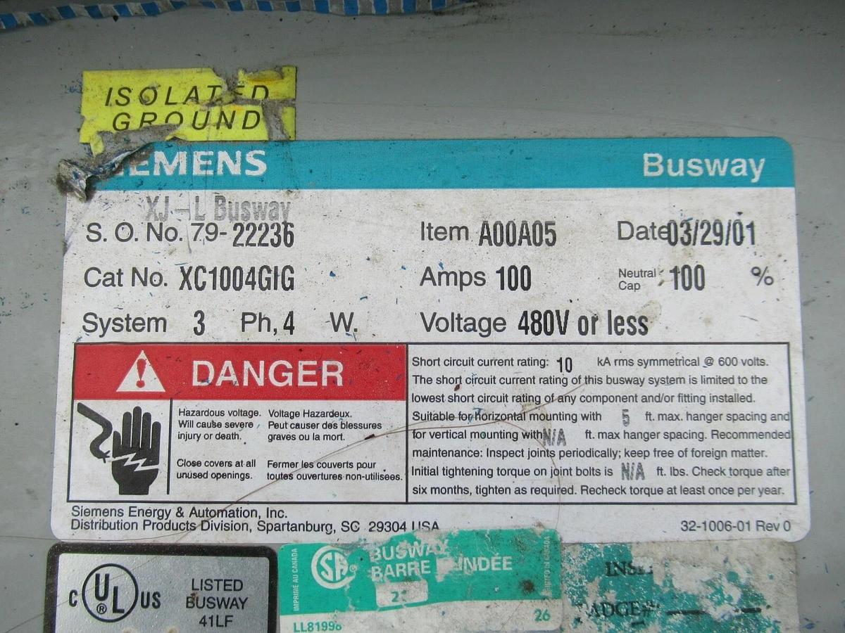 Used SIEMENS PLUG-IN XJ-L BUSWAY 100 A 277/480 VAC 3 PH 4 W NEUTRAL GROUND XC1004GIG
