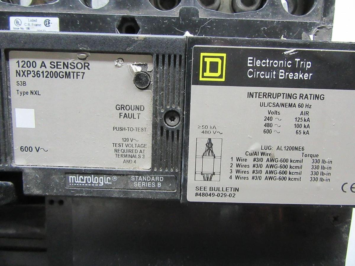 Used SQUARE D NXL BREAKER NXP361200GMTF7 1200 AMP 600 VAC W/ ARP100 MICROLOGIC LSIG