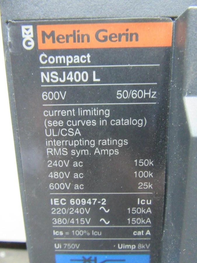 Used MERLIN GERIN COMPACT CIRCUIT BREAKER NSJ400L 160/400 AMP 600 VOLT 3-POLE 3-PHASE