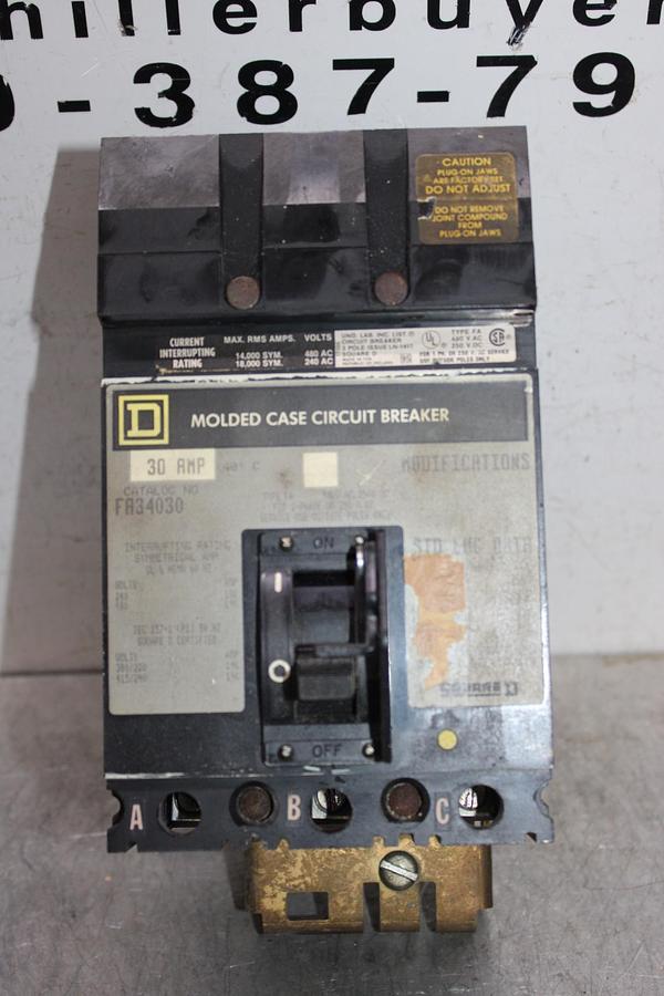Used SQUARE D I-LINE CIRCUIT BREAKER FA34030 30 AMP 480 VOLT 3-POLE