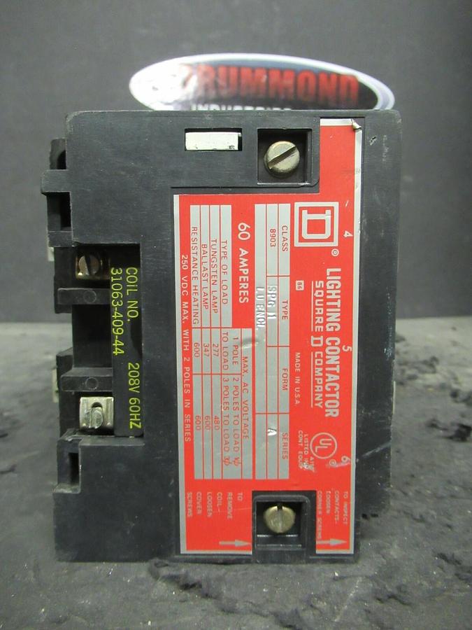 Used 60 AMP SQUARE D 8903 SPG1 LIGHTING CONTACTOR 2 POLE 600 277/480 VAC 208 V COIL