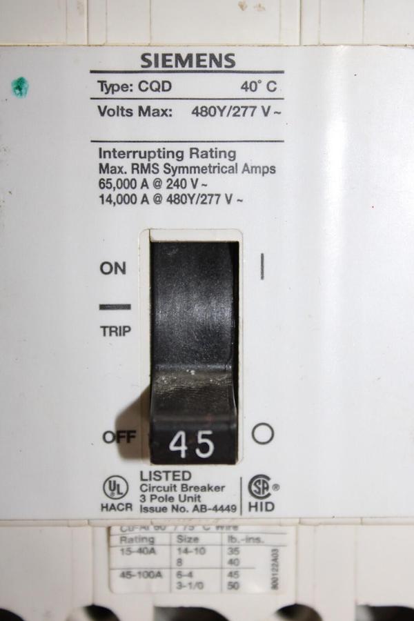 Used SIEMENS 3-POLE BREAKER CQD345 45 AMP 480Y/277 VOLT *30 DAY WARRANTY INCLUDED*