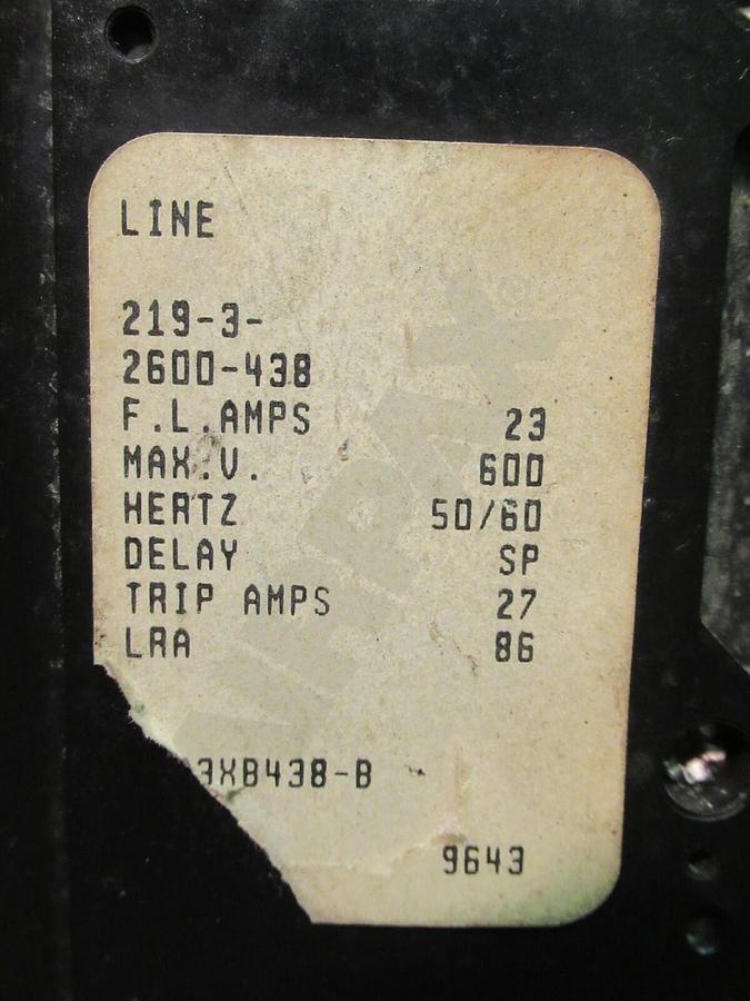 Used AIRPAX 3 POLE 23 AMP BREAKER 600 VAC 219-3-2600-438 TRIP 27 AMPS HH83XB438-B