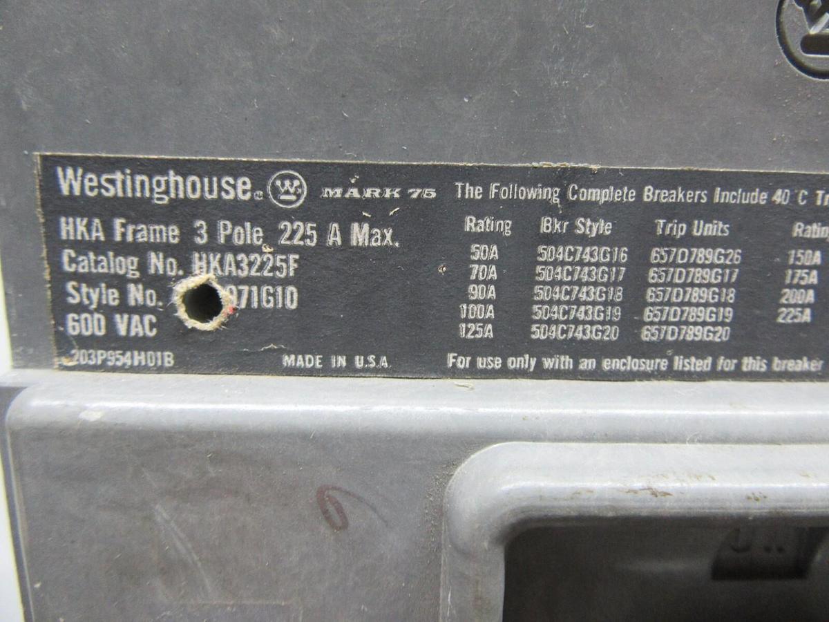 Used WESTINGHOUSE 3-POLE CIRCUIT BREAKER HKA3225F 225 AMP FRAME 100 AMP TRIP 600 VAC