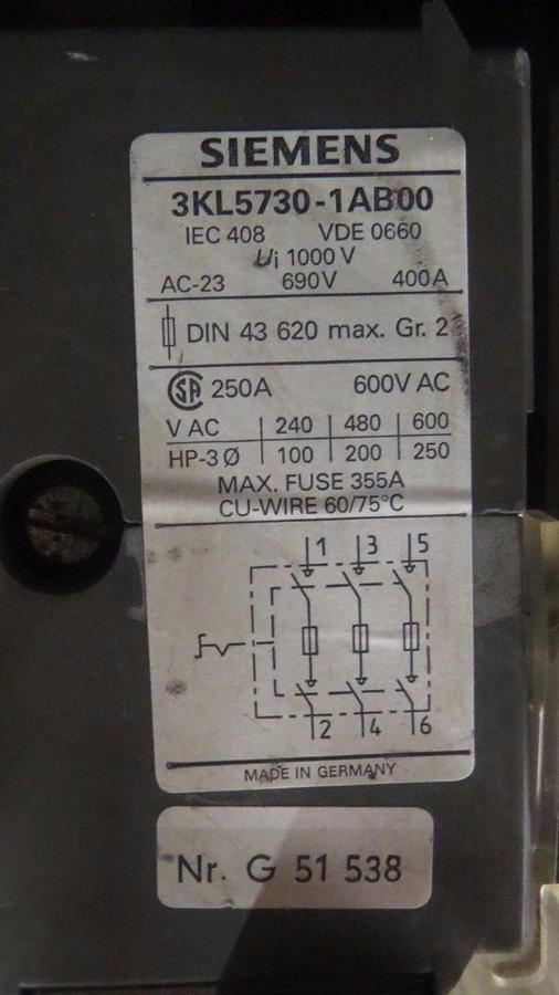 Used SIEMENS SWITCH 3KL5730-1AB00 250 AMP 600 VAC 3 PHASE 250 HP **WARRANTY**