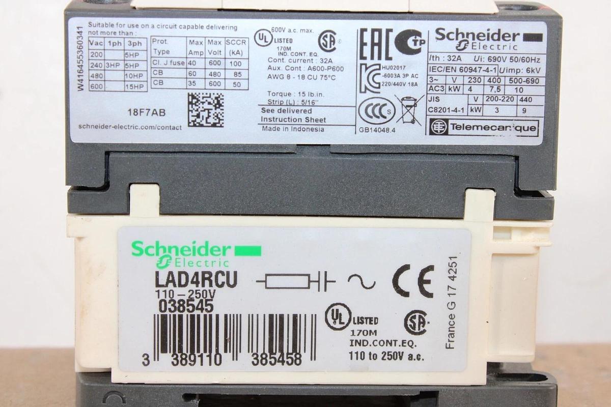 Used SCHNEIDER CONTACTOR LC1D18 32 AMP 600 VAC 3-POLE COIL: 110V **LOT OF 2**