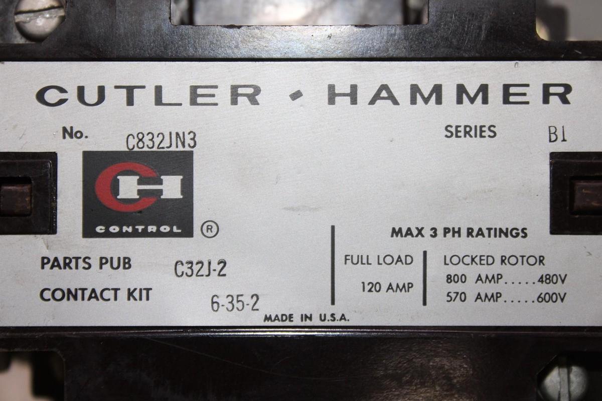 Used CUTLER-HAMMER CONTACTOR C832JN3 NEMA SIZE 3 120 AMP 600 VAC 3-POLE COIL: 120 V