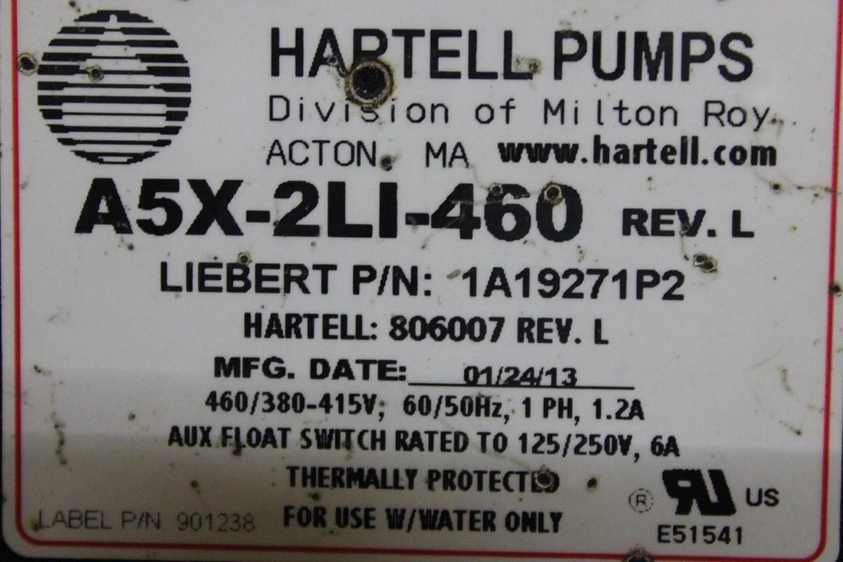 Used HARTELL LIEBERT PUMP A5X-2LI-460 806007 1A19271P2 460 VOLT 1.2 AMP 1-PHASE