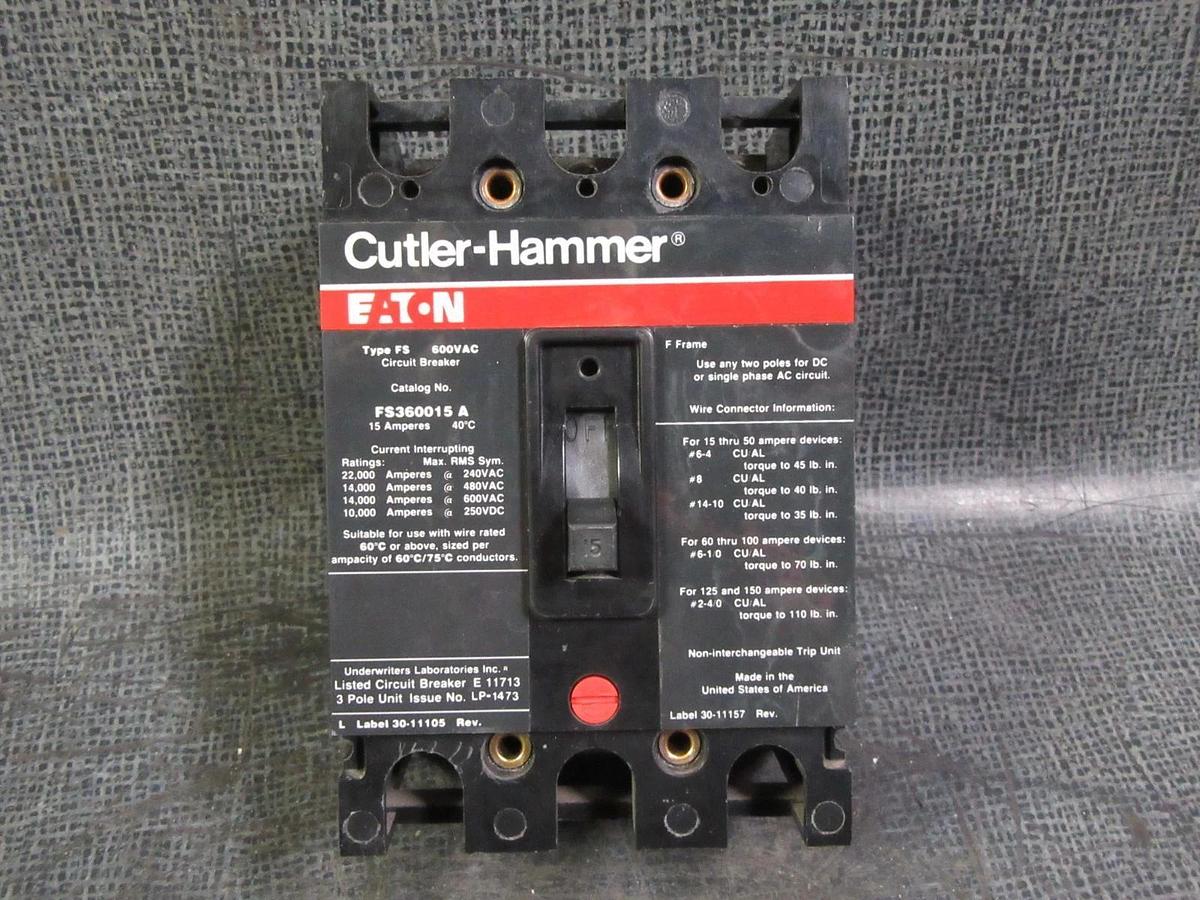 Used CUTLER HAMMER CIRCUIT BREAKER 15 AMP FS360015A 600V 3 POLE FS FRAME