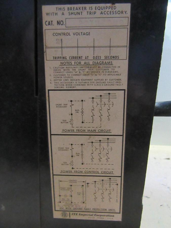 Used ITE CIRCUIT BREAKER KP3-F120 1200 AMP 600 VAC 3-POLE W/ SHUNT TRIP