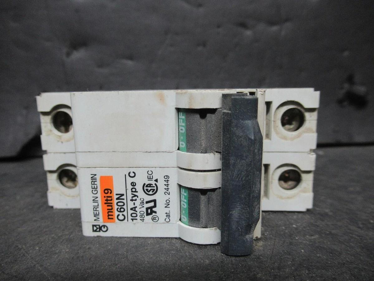 Used MERLIN GERIN THREE POLE BREAKER 24449 MULTI 9 C60N 10A-TYPE C 480 VAC