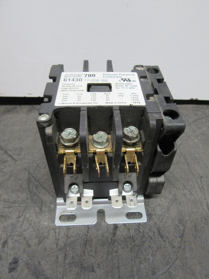 Used MARS 780 CONTACTOR 61430 600 VAC 30 AMP 3-PHASE 15 HP COIL: 24 VAC