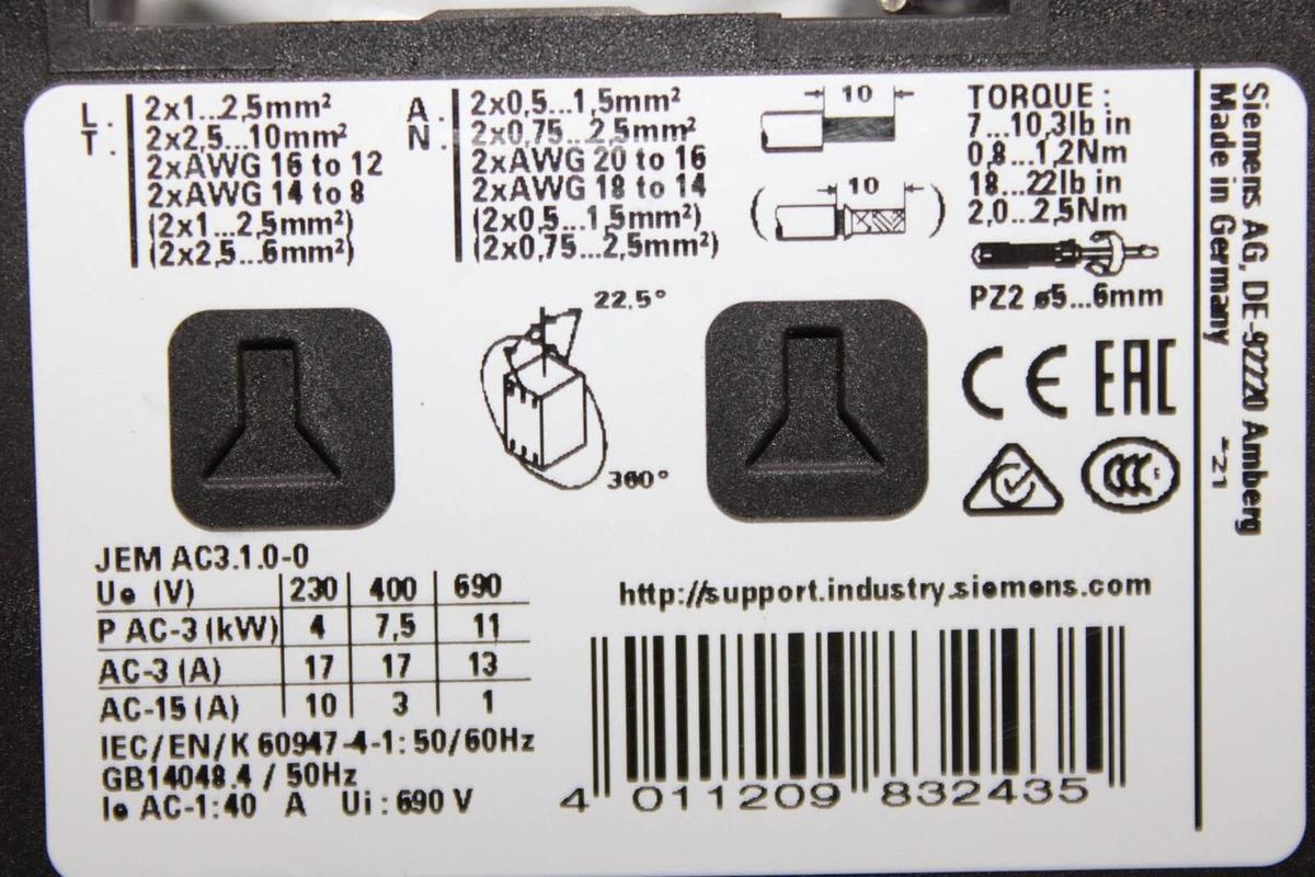 Used SIEMENS STARTER 3RB3026-2SB0 600 VAC 4 AMP W/ 3RT2025-1AK60
