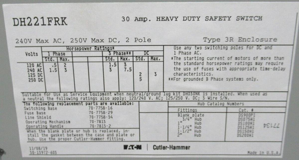 Used EATON HEAVY DUTY SAFETY DISCONNECT DH221FRK 240 VAC 30 AMP 7.5 HP 2-POLE TYPE 3R