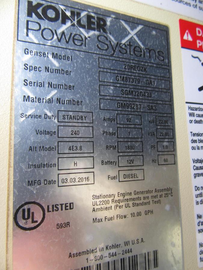 Used 20 KW DIESEL GENERATOR KOHLER 120/240V 20REOZK ENCLOSED ONLY 102 HRS