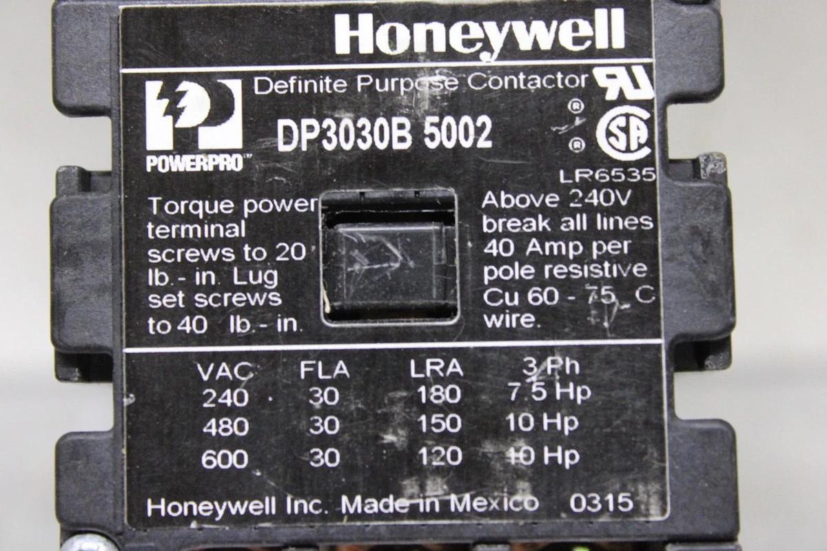 Used HONEYWELL CONTACTOR DP3030B-5002 30 AMP 600 VAC 3-POLE 10 HP COIL: 120 VAC