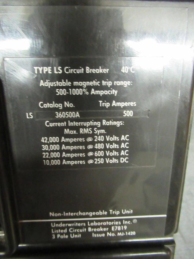 Used CUTLER-HAMMER BREAKER LS360500A 500A 600VAC 250VDC **WARRANTY INCLUDED**