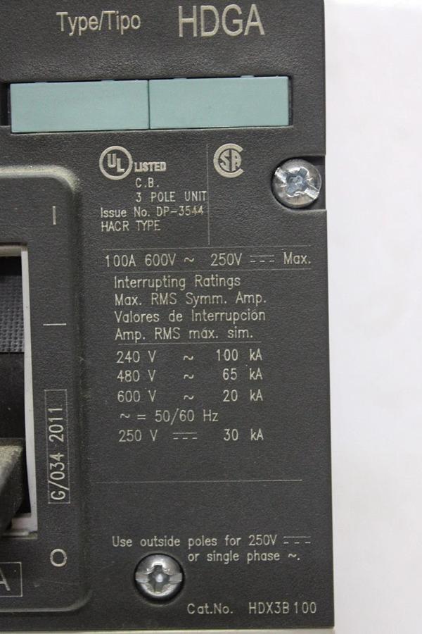 Used SIEMENS HDGA CIRCUIT BREAKER HDX3B100 100 AMP 600 VAC 3-POLE **WARRANTY**