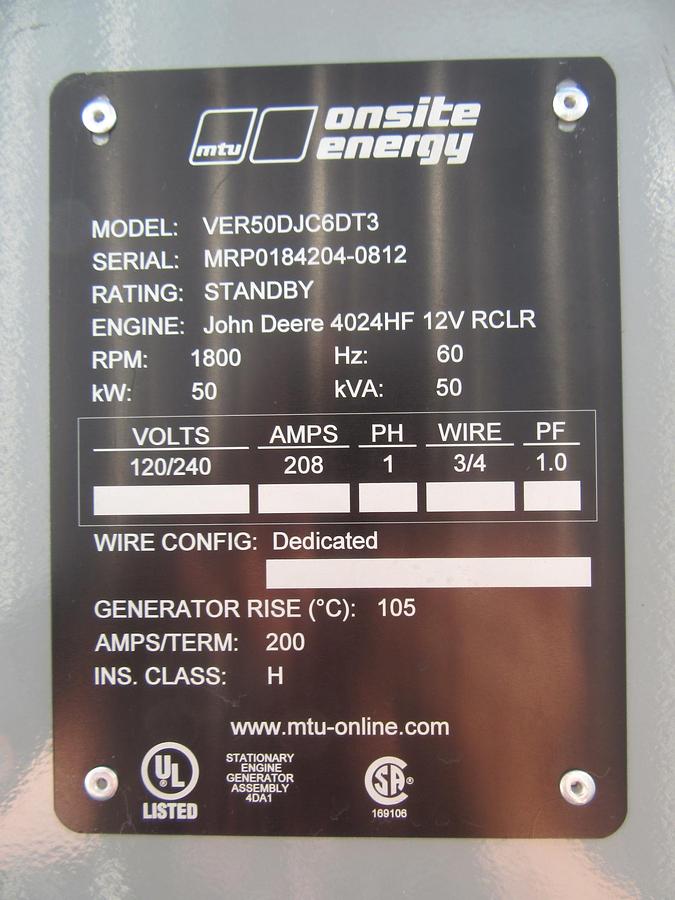 Used 50 KW DIESEL GENERATOR MTU 120/240 V JOHN DEERE 315 HRS VIDEO WE SHIP