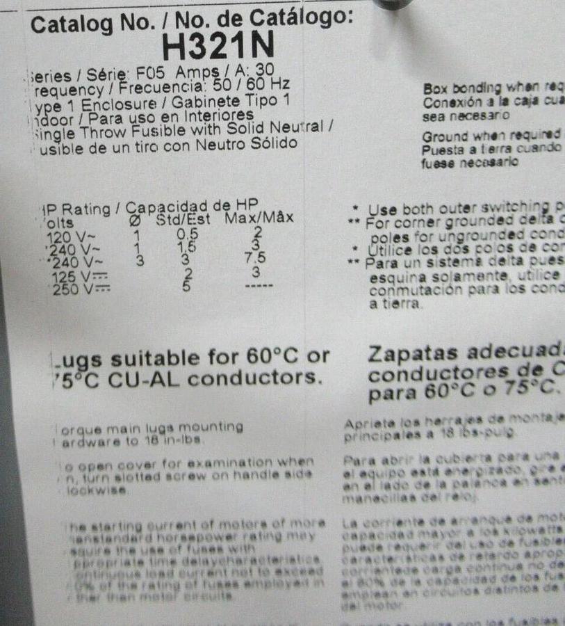 NEW IN BOX SQUARE D SAFETY SWITCH H321N 30 AMP 240 VAC 7.5 HP 3-PHASE 3-POLE