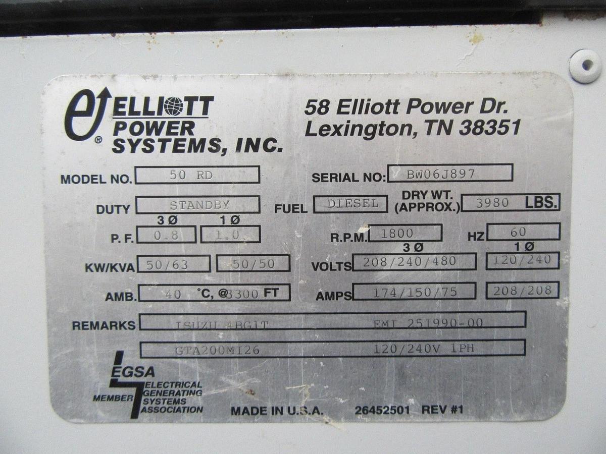 Used 50 KW DIESEL GENERATOR ISUZU 4BG1T 120/240 V SINGLE PH RE-CONNECTABLE ENCLOSED