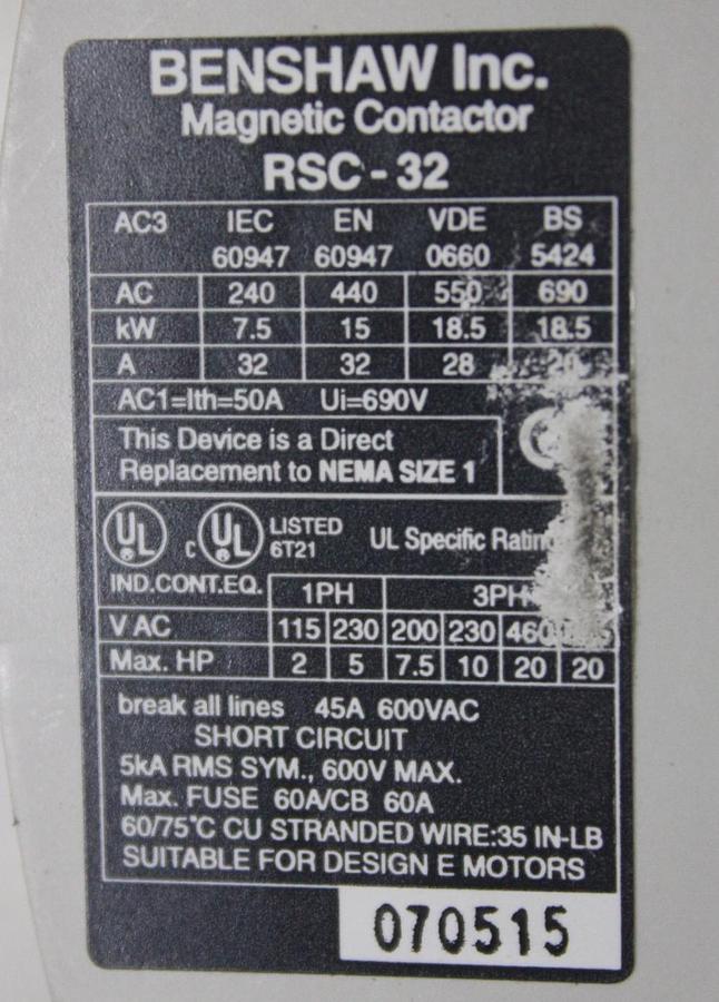 Used BENSHAW CONTACTOR RSC-125 600 VAC 3-PHASE 160 AMP 3-POLE COIL: 240V