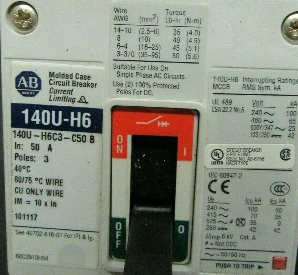 Used 50 AMP ALLEN BRADLEY BREAKER 140U-H6C3-C50 SER. B 3 POLE 480 VAC **WARRANTY**