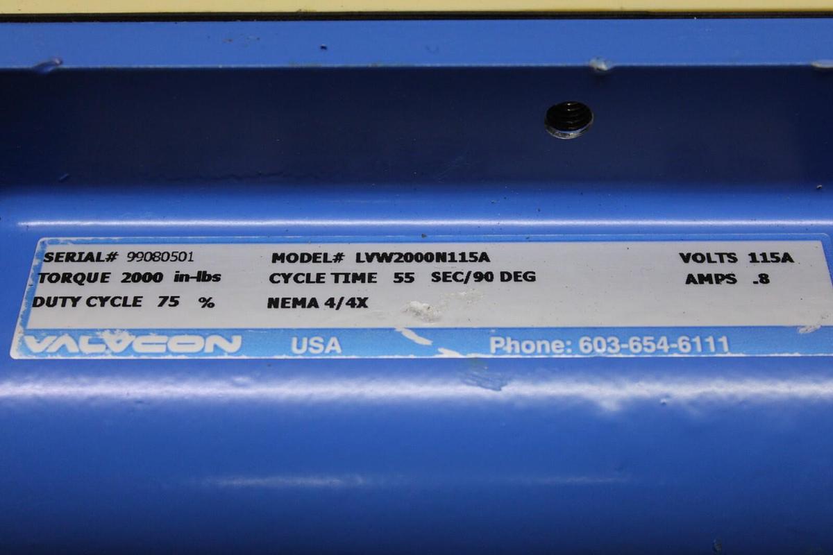 Used VALVCON ACTUATOR LVW2000N115A 2000 IN-LBS 55 SEC CYCLE 115V 0.8A NEMA 4