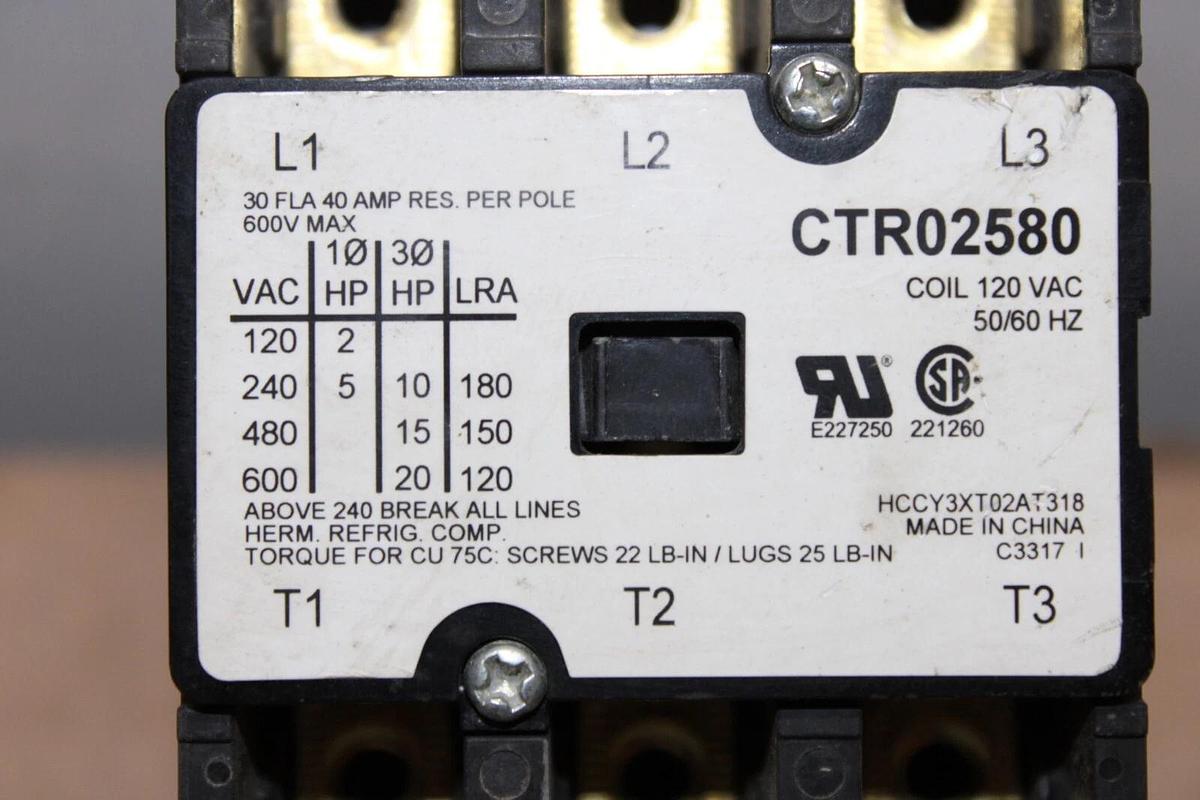 Used TRANE CONTACTOR 30 AMP 600 VAC 20 HP MODEL CTR02580 COIL: 120 VOLT **WARRANTY**