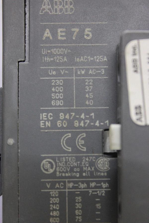 Used ABB CONTACTOR AE75-30 600 VAC 105 AMP 75 HP 3-POLE 3-PHASE COIL: 24 VDC