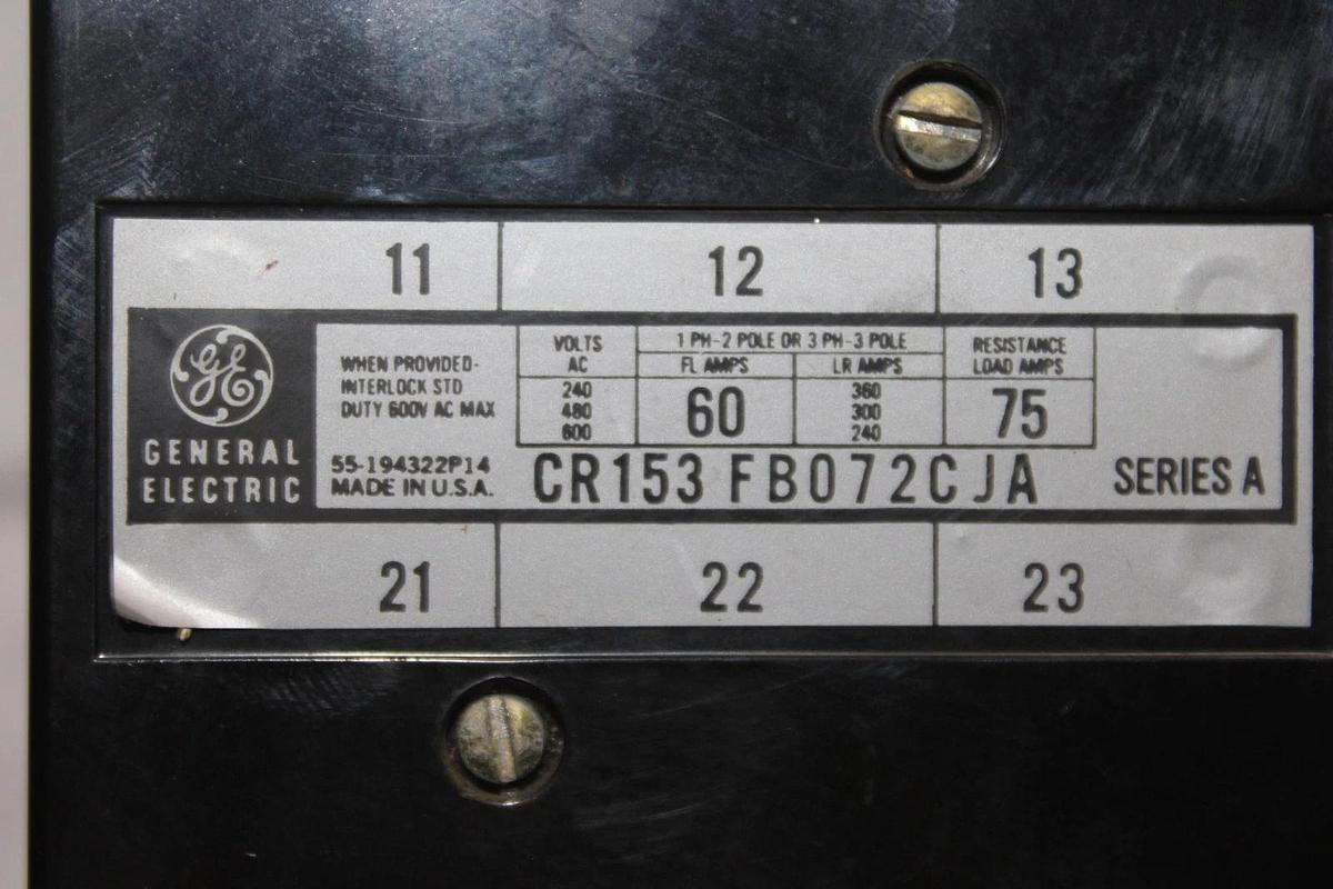 Used GENERAL ELECTRIC CONTACTOR CR153FB072CJA 60 AMP 600 VAC 3-PHASE 3-POLE