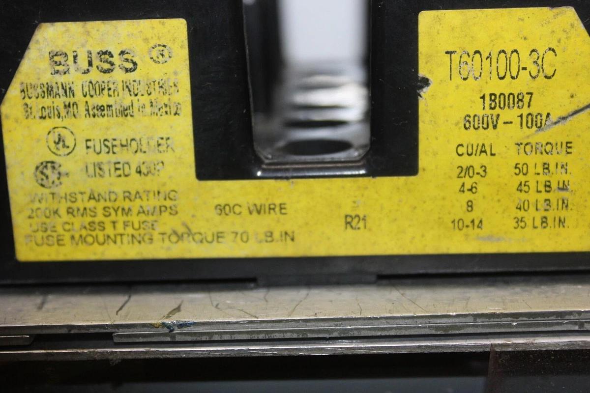 Used BUSS FUSE HOLDER T60100-3C 600 VOLT 100 AMP 3-POLE FOR CLASS T FUSES *WARRANTY*