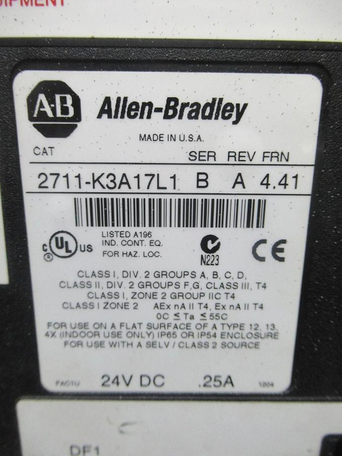 Used ALLEN-BRADLEY PANEL VIEW 300 2711-K3A17L1 SER. B REV. A 24 VDC 0.25 AMP