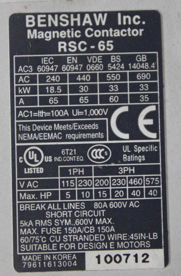 Used BENSHAW CONTACTOR RSC-180 230 AMP 600 VAC 3-POLE 125 HP COIL: 240V