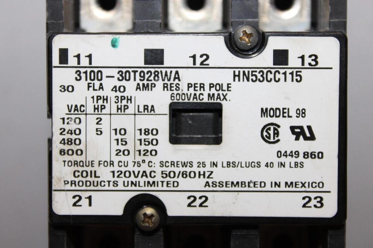 Used PRODUCTS UNLIMITED CONTACTOR 30A 600V 20HP 120V COIL 3100-30T928WA HN53CC115