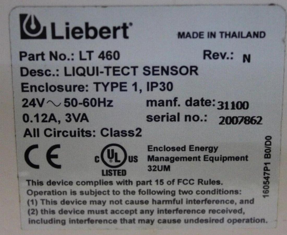 Used LIEBERT LIQUI-TECT SENSOR LEAK DETECTOR LT-460 REV. N 24 VAC 0.12 AMP 3VA TYPE 1