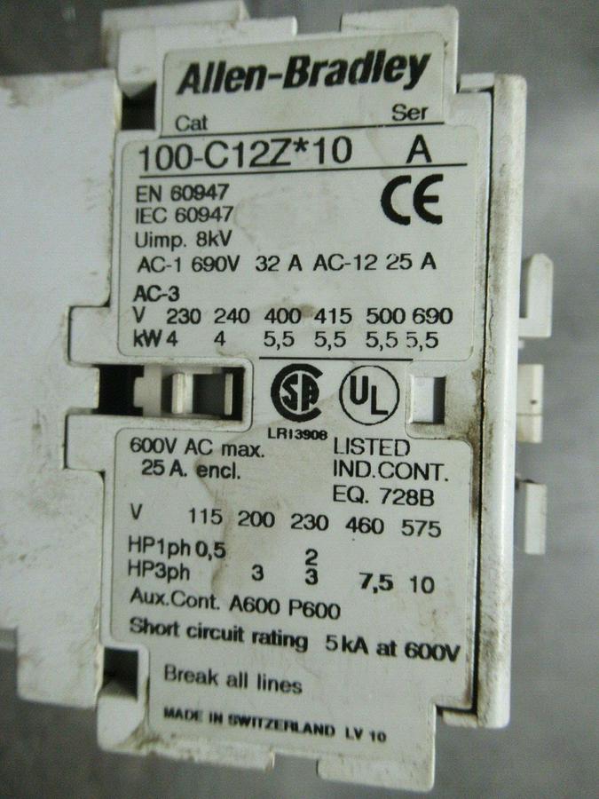 Used 25 AMP ALLEN BRADLEY CONTACTOR 100-C12Z*10 600 VAC 3 POLE **WARRANTY**
