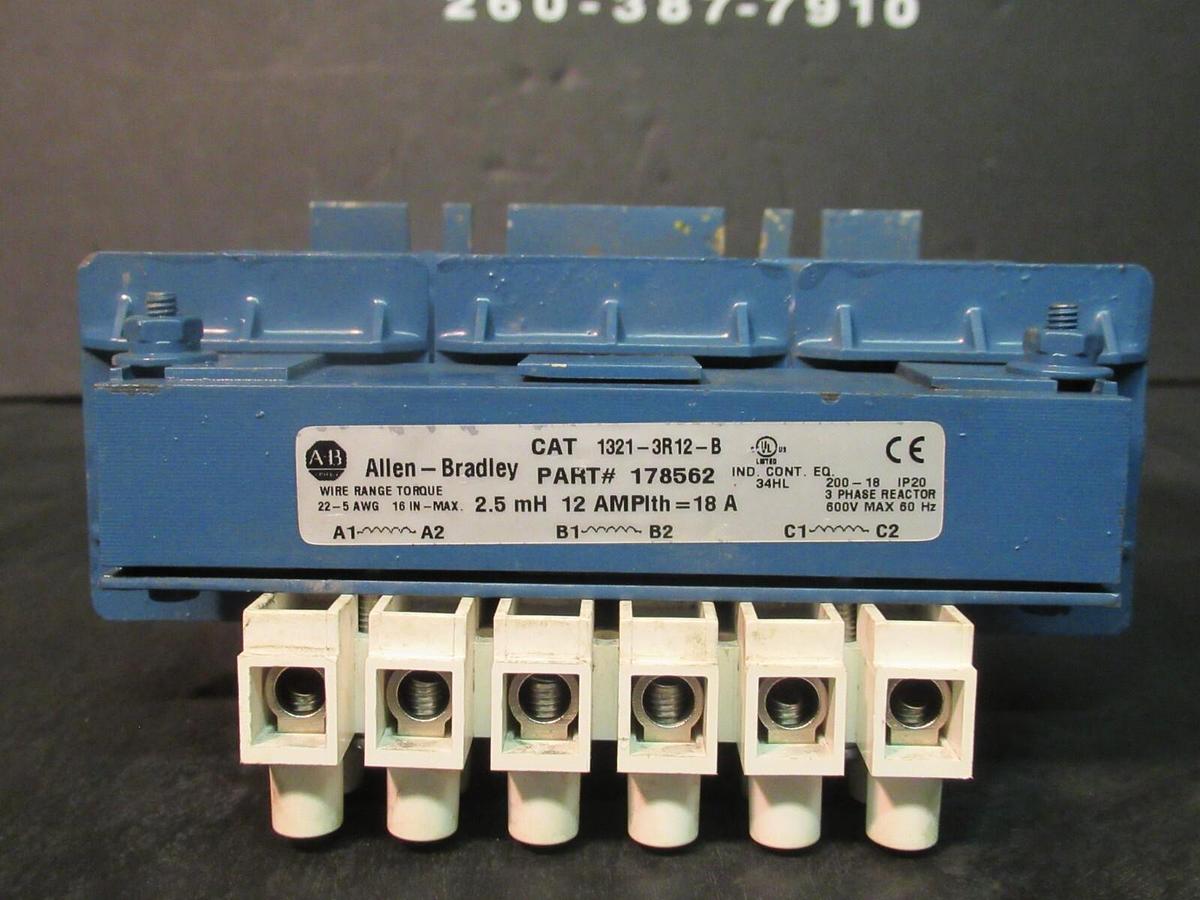 Used ALLEN BRADLEY 3 PH REACTOR CAT# 1321-3R12-B P/N: 178562 2.5 mH 12 AMP 600 V MAX