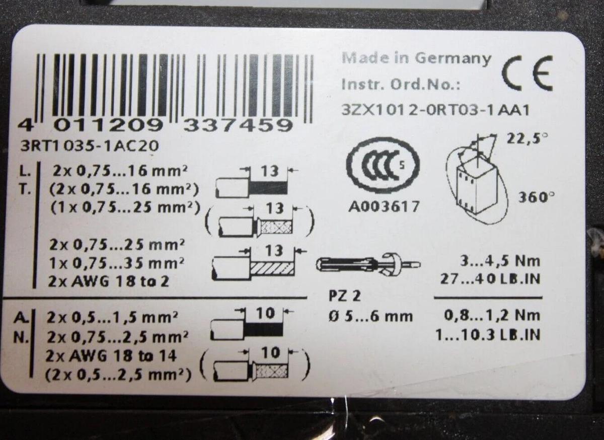 Used SIEMENS CONTACTOR 3RT1035-1A 55 AMP 600 VAC 40 HP 3-POLE 3-PHASE *WARRANTY*