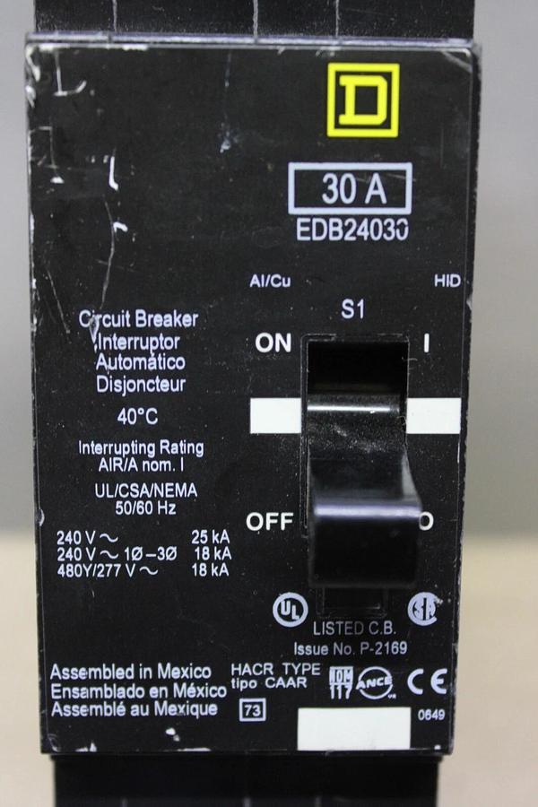 Used (1) SQUARE D EDB CIRCUIT BREAKER EDB24030 30 AMP 2-POLE 480/277 VAC