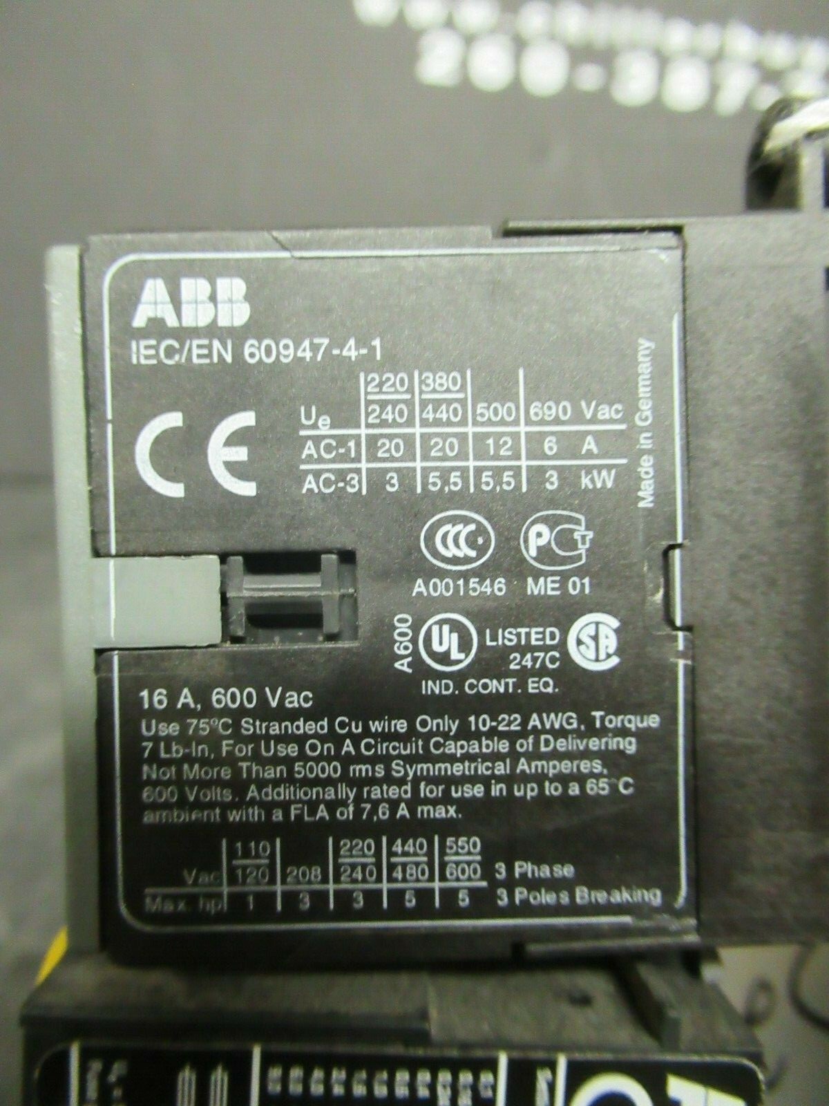 Used 16 AMP ABB STARTER B7-30-10 600 VAC 5 HP COIL: 24 VAC W/ T7DU OVERLOADS 1.6-2.4A